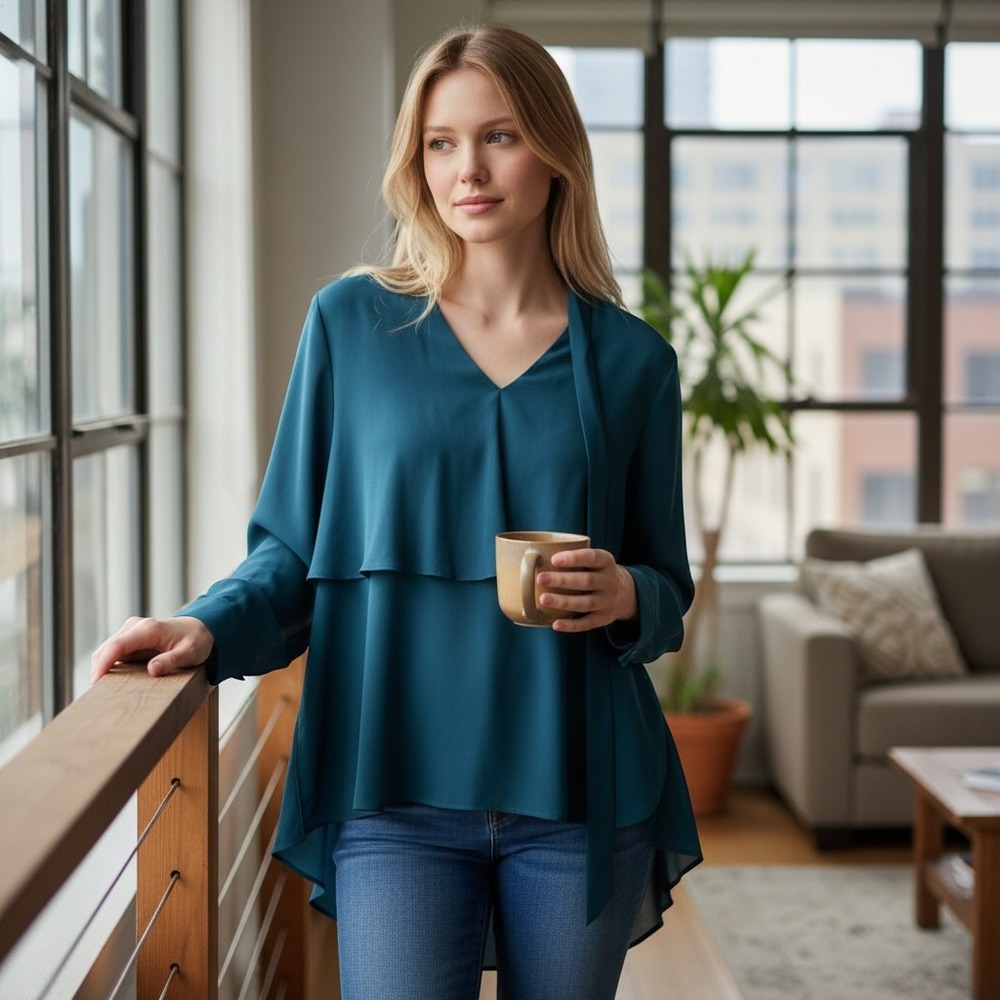 Cato Womens XL Teal Blue Layered Tie Neck Long Sleeve Chiffon Blouse Top